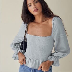 Reformation Pale Blue Roland Smocked Square-Neck Blouse